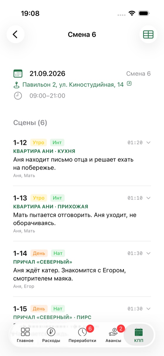 Смена — Сцены, объекты, актёры и реквизит