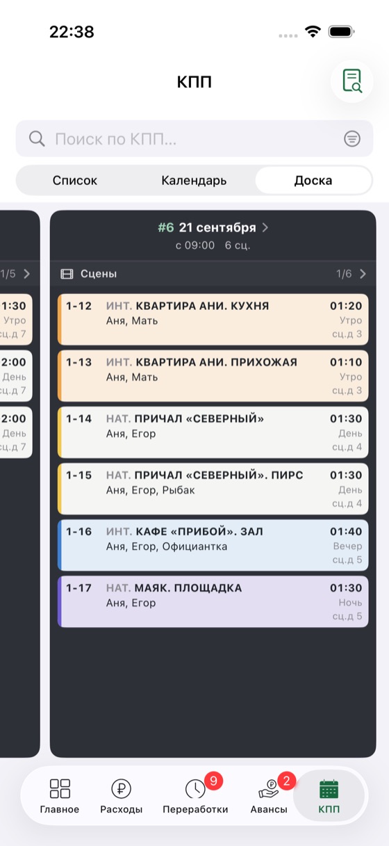 Доска КПП — Столбец на день, сцены карточками