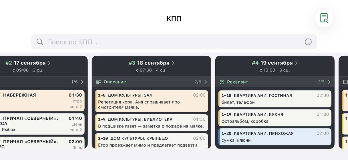 Доска КПП в горизонтали: три съёмочных дня рядом, у каждого свой слой