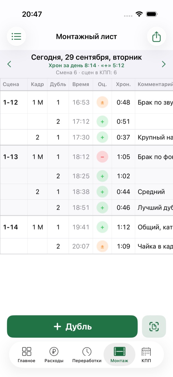 Монтажный лист — дубли таблицей, как на бумаге